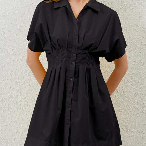 Women’s Cotton Pleated Button-Front Shirt Dress Mini Casual Summer - Picture 2 of 7